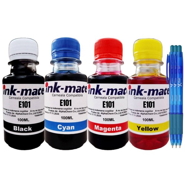 Set Flacon Refill Cerneala Ink-Mate Compatibil EPSON 101, 1x100ml Negru, 1x100ml Cyan, 1x100ml Magenta, 1x100ml Yellow si 3xPix Xball