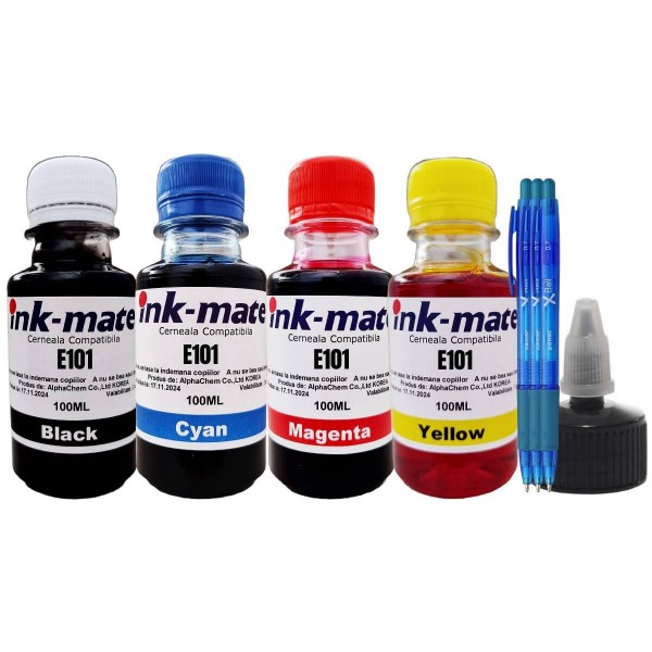 Set Flacon Refill Cerneala Ink-Mate Compatibil EPSON 101, 1x100ml Negru, 1x100ml Cyan, 1x100ml Magenta, 1x100ml Yellow si 3xPix Xball