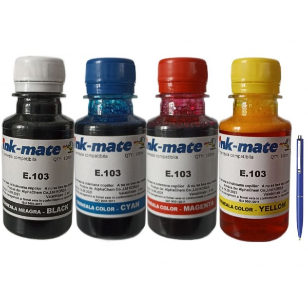 Set Flacon Cerneala InkMate Compatibil Epson (103) 1x100ml Negru, 1x100ml Cyan, 1x100ml Magenta, 1x100ml Yellow si Pix Schneider