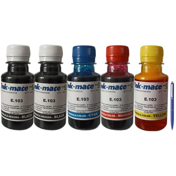 Set Flacon Cerneala InkMate Compatibil Epson (103) 2x100ml Negru, 1x100ml Cyan, 1x100ml Magenta, 1x100ml Yellow si Pix Schneider