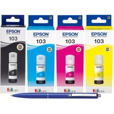 Set Flacon Cerneala Original Epson (103) 1x65ml Negru, 1x65ml Cyan, 1x65ml Magenta, 1x65ml Yellow si Pix Schneider