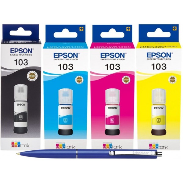 Set Flacon Cerneala Original Epson (103) 1x65ml Negru, 1x65ml Cyan, 1x65ml Magenta, 1x65ml Yellow si Pix Schneider