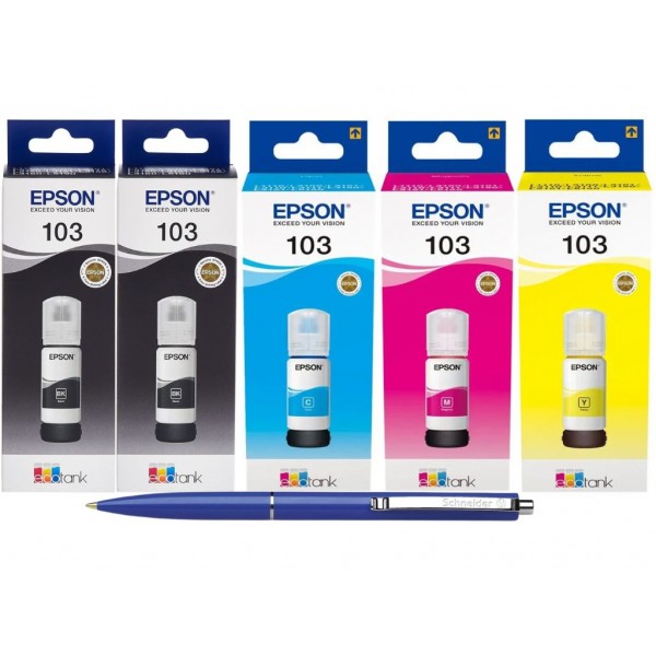 Set Flacon Cerneala Original Epson (103) 2x65ml Negru, 1x65ml Cyan, 1x65ml Magenta, 1x65ml Yellow si Pix Schneider