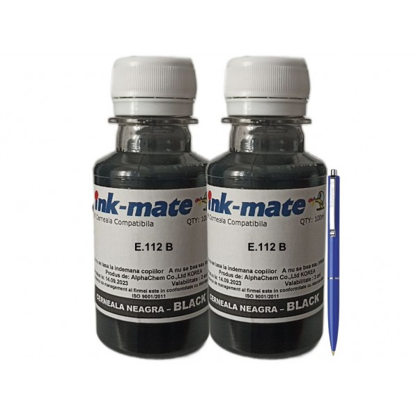 Set Flacon Cerneala InkMate Compatibil Epson (112) 2x100ml Negru si Pix Schneider