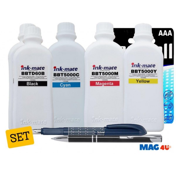 Set Cerneala Ink-Mate Compatibil Brother 2x1000ml BTD60BK Negru, 1x1000ml BT5000C Cyan, 1x1000ml BT5000M Magenta, 1x1000ml BT5000Y Galben cu Stilou Schneider, Pix CNX201 si Baterii AAA