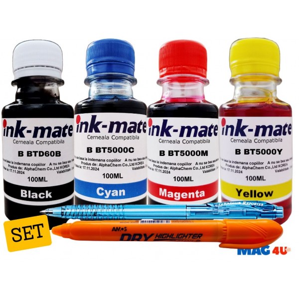 Set Cerneala Ink-Mate Compatibil Brother 1x100ml BTD60BK Negru, 1x100ml BT5000C Cyan, 1x100ml BT5000M Magenta, 1x100ml BT5000Y Galben cu Pix cu mecanism si Textmarker Non Toxic