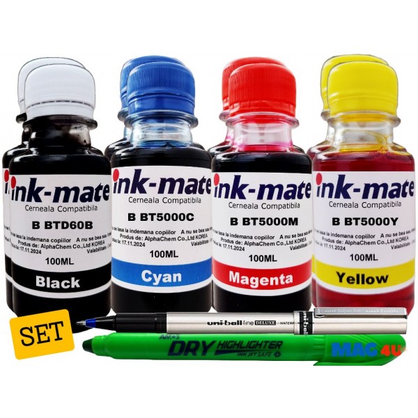 Set Cerneala Ink-Mate Compatibil Brother 2x100ml BTD60BK Negru, 2x100ml BT5000C Cyan, 2x100ml BT5000M Magenta, 2x100ml BT5000Y Galben cu Roller DeLuxe si Textmarker Non Toxic