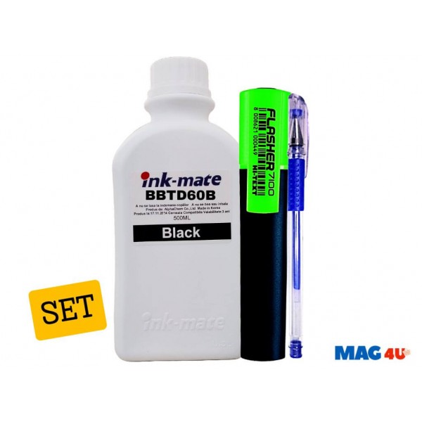 Set Flacon Cerneala Ink-Mate Compatibil Brother 1x500ml BTD60BK Negru cu Textmarker Flasher si Pix cu gel