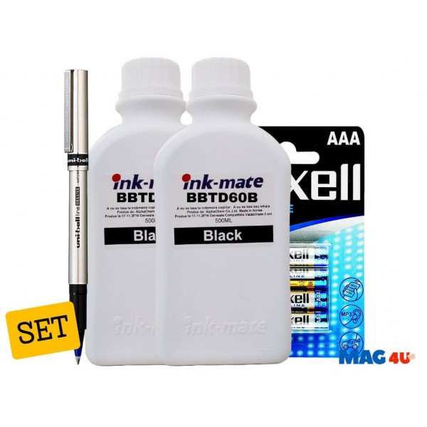 Set Flacon cerneala Ink-Mate Compatibil Brother 2x500ml BTD60BK Negru cu Roller DeLuxe si Baterii Alkaline AAA