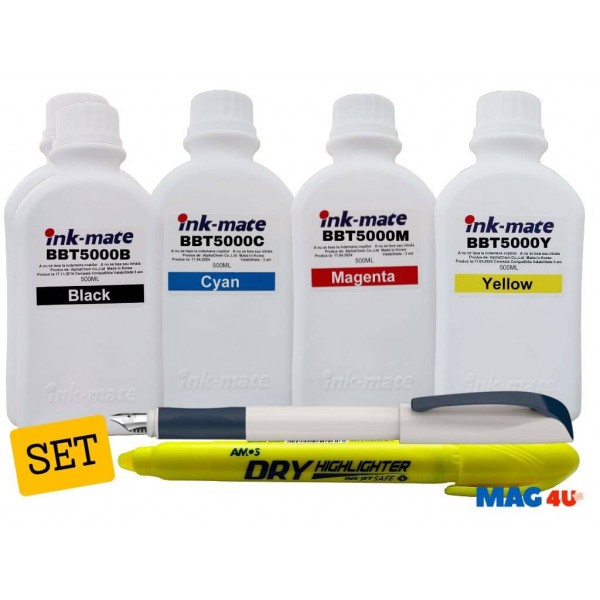 Set Cerneala Ink-Mate Compatibil Brother 2x500ml BTD60BK Negru, 1x500ml BT5000C Cyan, 1x500ml BT5000M Magenta, 1x500ml BT5000Y Galben cu Stilou Schneider si Textmarker Non Toxic