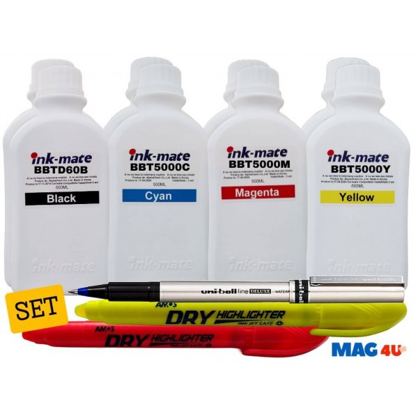 Set Cerneala Ink-Mate Compatibil Brother 2x500ml BTD60BK Negru, 2x500ml BT5000C Cyan, 2x500ml BT5000M Magenta, 2x500ml BT5000Y Galben cu Roller DeLuxe si 2x Textmarker Non Toxic