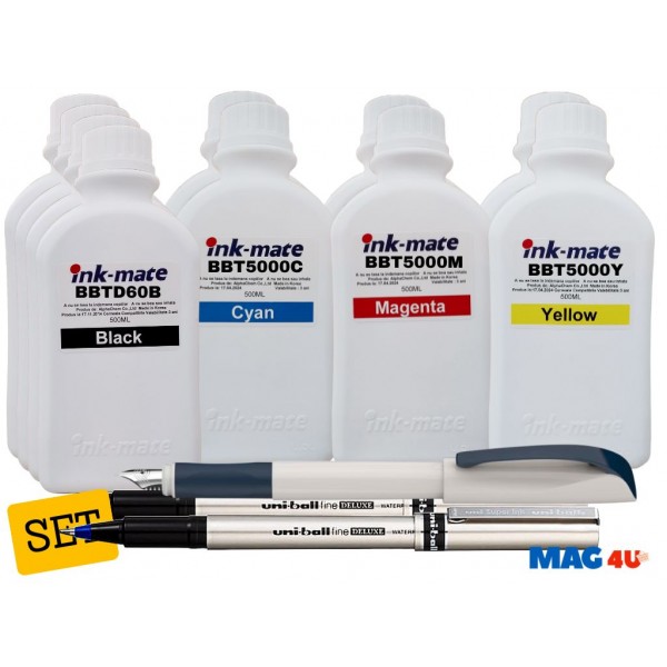 Set Cerneala Ink-Mate Compatibil Brother 4x500ml BTD60BK Negru, 2x500ml BT5000C Cyan, 2x500ml BT5000M Magenta, 2x500ml BT5000Y Galben cu Stilou Schneider si 2x Roller DeLuxe