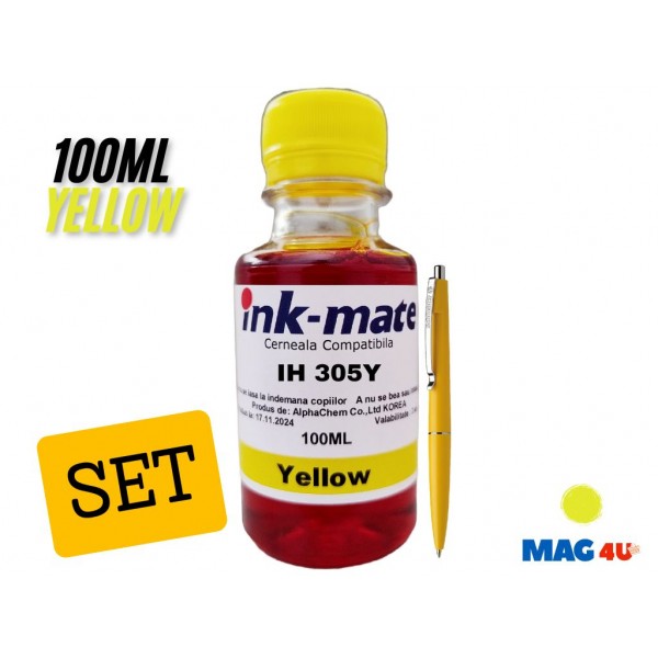 Set Flacon Cerneala Ink-Mate Compatibil HP305 1x100ml 3YM60AE Yellow cu Pix Schneider
