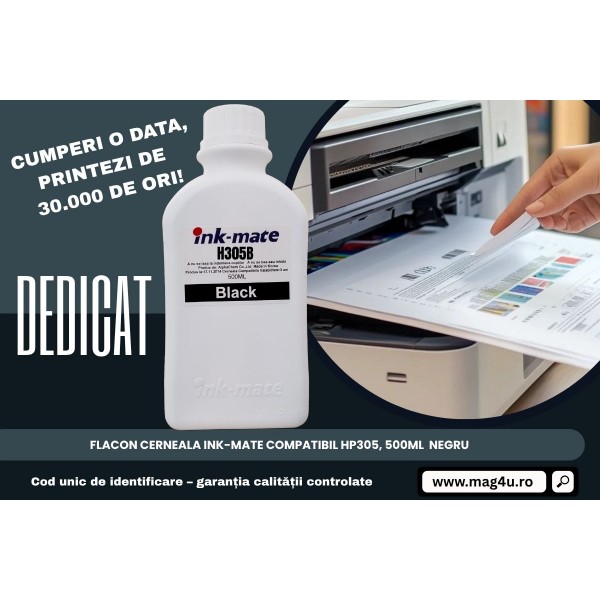 Set Flacon Cerneala Ink-Mate Compatibil HP305, 1x500ml 3YM61AE Negru, Dezinfectant ALCHOSEPT 40 ml si Pix Radius