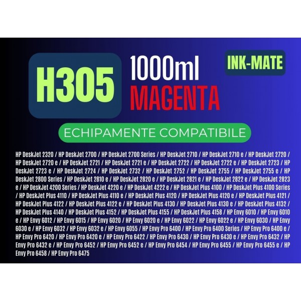 Set Flacon Cerneala Ink-Mate Compatibil HP305 1x1000ml 3YM60AE Magenta cu Pix Schneider si Textmarker Non Toxic