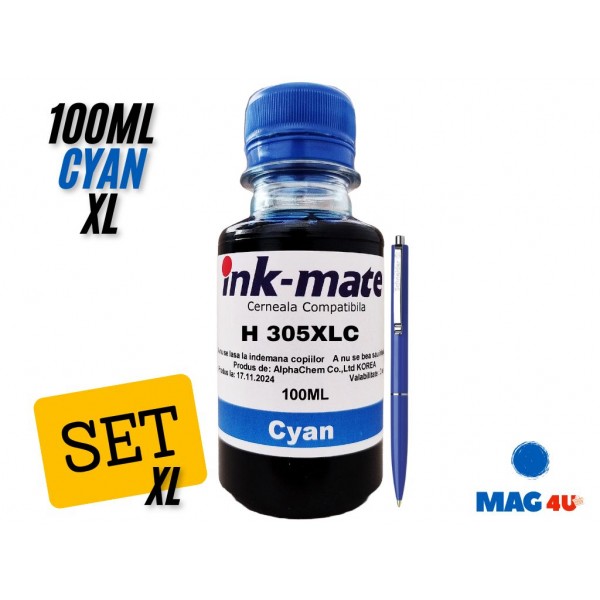 Set Flacon Cerneala Ink-Mate Compatibil HP305XL 1x100ml 3YM63AE Cyan cu Pix Schneider