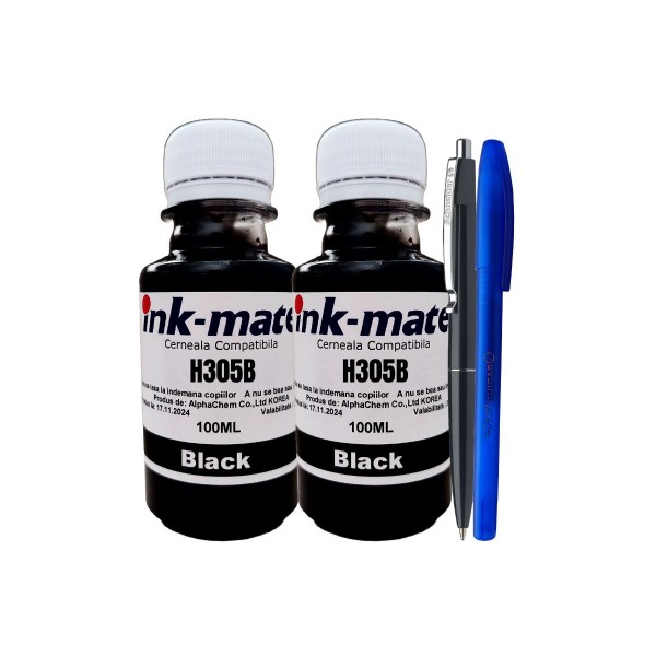 Set Flacone Cerneala Ink-Mate Compatibil HP305, 2x100ml 3YM61AE Negru, Pix Schneider si Pix Radius