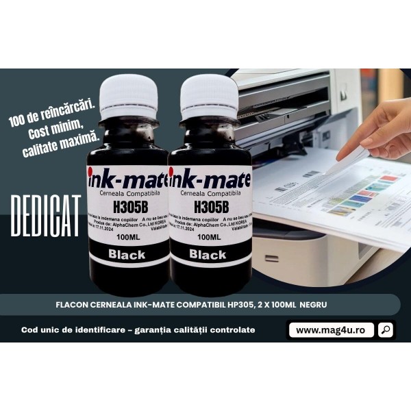 Set Flacone Cerneala Ink-Mate Compatibil HP305, 2x100ml 3YM61AE Negru, Pix Schneider si Pix Radius