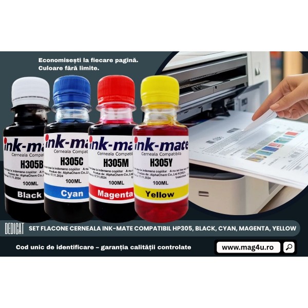 Set Flacone Cerneala Ink-Mate Compatibil HP305, 1x100ml 3YM61AE Bk, 1x100ml 3YM60AE C, 1x100ml 3YM60AE M, 1x100ml 3YM60AE Y, Pix Schneider si Textmarker Non Toxic