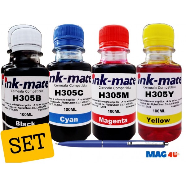 Pachet Flacon Refill Cerneala Ink-Mate 2X 100ml Negru HP 3YM61AE (305), 1X 100ml Cyan HP 3YM60AE (305), 1X 100ml Magenta HP 3YM60AE (305), 1X 100ml Yellow HP 3YM60AE (305) si Pix Schneider