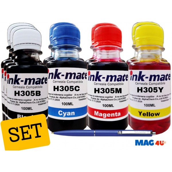 Pachet Flacon Refill Cerneala Ink-Mate 3X 100ml Negru HP 3YM61AE (305), 2X 100ml Cyan HP 3YM60AE (305), 2X 100ml Magenta HP 3YM60AE (305), 2X 100ml Yellow HP 3YM60AE (305) si Pix Schneider