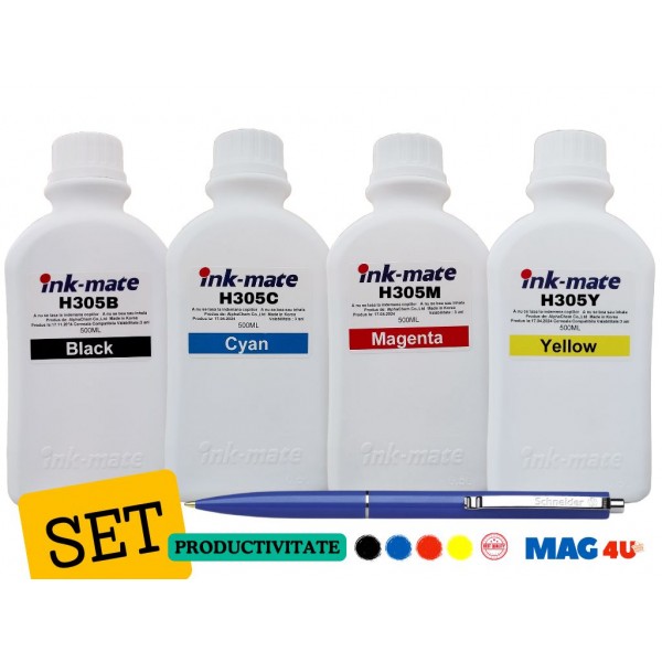 Pachet Flacon Refill Cerneala Ink-Mate 1X 500ml Negru HP 3YM61AE (305), 1X 500ml Cyan HP 3YM60AE (305), 1X 500ml Magenta HP 3YM60AE (305), 1X 500ml Yellow HP 3YM60AE (305) si Pix Schneider