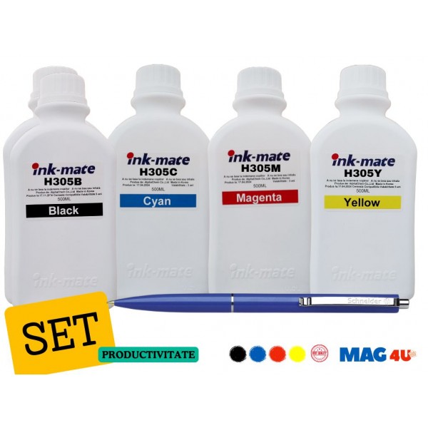 Pachet Flacon Refill Cerneala Ink-Mate 2X 500ml Negru HP 3YM61AE (305), 1X 500ml Cyan HP 3YM60AE (305), 1X 500ml Magenta HP 3YM60AE (305), 1X 500ml Yellow HP 3YM60AE (305) si Pix Schneider
