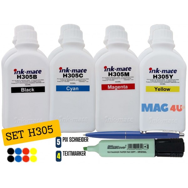 Pachet Flacon Refill Cerneala Ink-Mate 2X 500ml Negru HP 3YM61AE (305), 2X 500ml Cyan HP 3YM60AE (305), 2X 500ml Magenta HP 3YM60AE (305), 2X 500ml Yellow HP 3YM60AE (305) si Pix Schneider