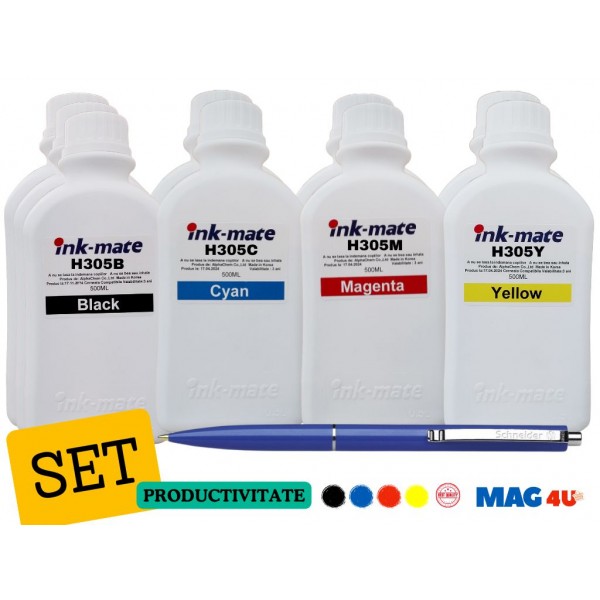 Pachet Flacon Refill Cerneala Ink-Mate 3X 500ml Negru HP 3YM61AE (305), 2X 500ml Cyan HP 3YM60AE (305), 2X 500ml Magenta HP 3YM60AE (305), 2X 500ml Yellow HP 3YM60AE (305) si Pix Schneider