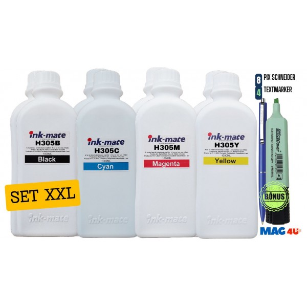 Pachet Flacon Refill Cerneala Ink-Mate 2X 1000ml Negru HP 3YM61AE (305), 2X 1000ml Cyan HP 3YM60AE (305), 2X 1000ml Magenta HP 3YM60AE (305), 2X 1000ml Yellow HP 3YM60AE (305) si Pix Schneider