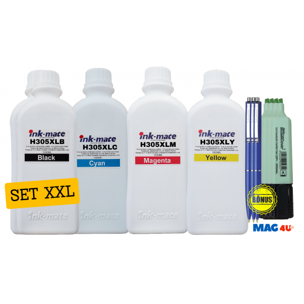 Pachet Flacon Refill Cerneala Ink-Mate 2X 1000ml Negru HP 3YM62AE (305XL), 1X 1000ml Cyan HP 3YM63AE (305XL), 1X 1000ml Magenta HP 3YM63AE (305XL), 1X 1000ml Yellow HP 3YM63AE (305XL) si Pix Schneider