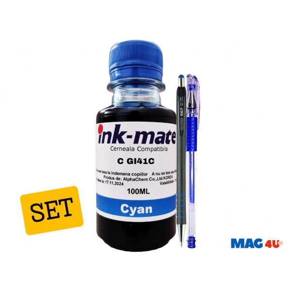 Set Flacone Cerneala Ink-Mate Compatibil Canon GI41 ( 1x100ml Cyan) + Pix CNX567 si Pix cu gel