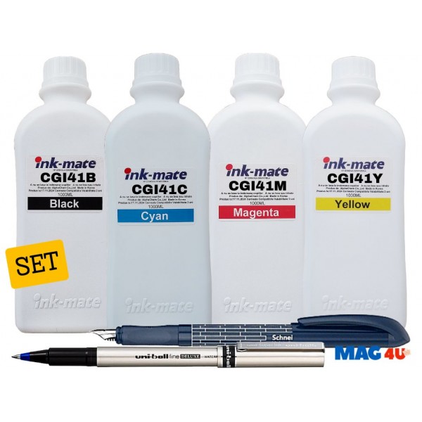 Set Flacone Cerneala Ink-Mate Compatibil Canon GI41 ( 1x1000ml Black, 1x1000ml Cyan, 1x1000ml Magenta, 1x1000ml Yellow) + Stilou Schneider si Roller DeLux