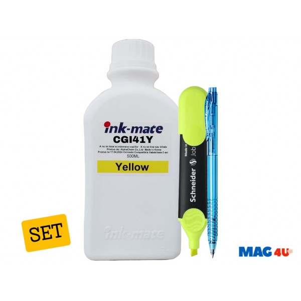 Set Flacone Cerneala Ink-Mate Compatibil Canon GI41 ( 1x500ml Yellow) + Pix cu mecanism si Textmarker Schneider