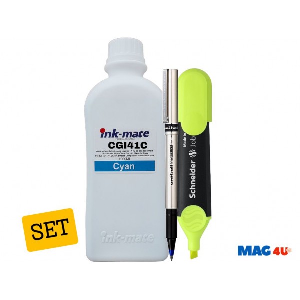 Set Flacone Cerneala Ink-Mate Compatibil Canon GI41 ( 1x1000ml Cyan) + Roller DeLux si Textmarker Schneider