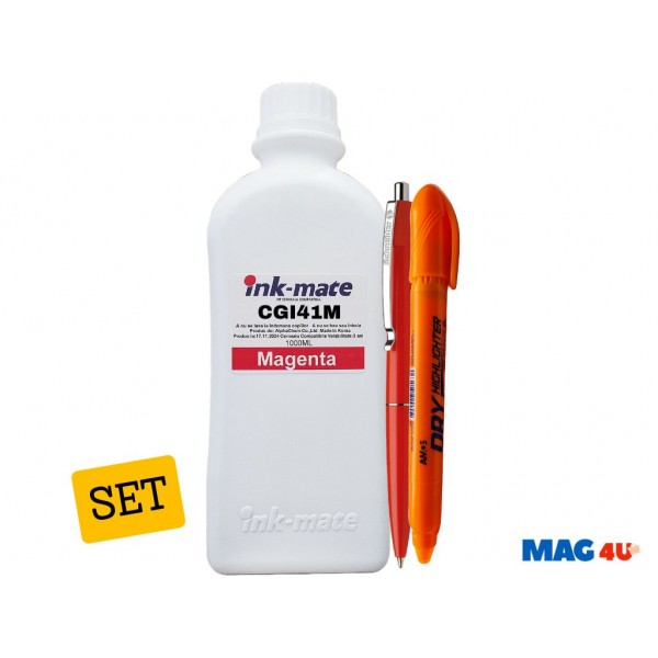 Set Flacone Cerneala Ink-Mate Compatibil Canon GI41 ( 1x1000ml Magenta) + Pix Schneider si Textmarker Non Toxic