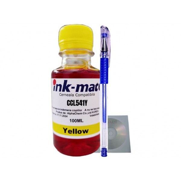 Set Flacon Refill Cerneala Ink-Mate Compatibil Canon 1x100ml CL-541 Yellow, Pix cu gel si 1buc Cdr Maxell cu plic