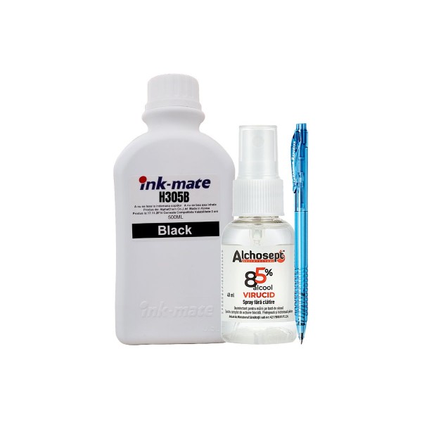 Set Flacon Cerneala Ink-Mate Compatibil HP305, 1x500ml 3YM61AE Negru, Dezinfectant ALCHOSEPT 40 ml si Pix Radius
