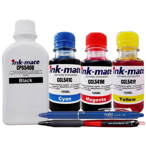 Set Flacon Refill Cerneala Ink-Mate Compatibil Canon 1x500ml PG-540 Negru, 1x100ml CL-541 Cyan, 1x100ml CL-541 Magenta, 1x100ml CL-541 Galben, Pix Jestream si Roller Frixion