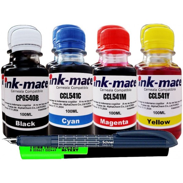 Set Flacon Refill Cerneala Ink-Mate Compatibil Canon 2x100ml PG-540 Negru, 2x100ml CL-541 Cyan, 2x100ml CL-541 Magenta, 2x100ml CL-541 Galben, Stilou Schneider si Textmarker