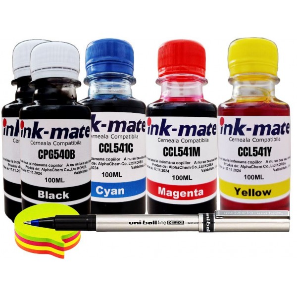 Set Flacon Refill Cerneala Ink-Mate Compatibil Canon 2x100ml PG-540 Negru, 1x100ml CL-541 Cyan, 1x100ml CL-541 Magenta, 1x100ml CL-541 Galben, Roller DeLuXe si Notes 5culori