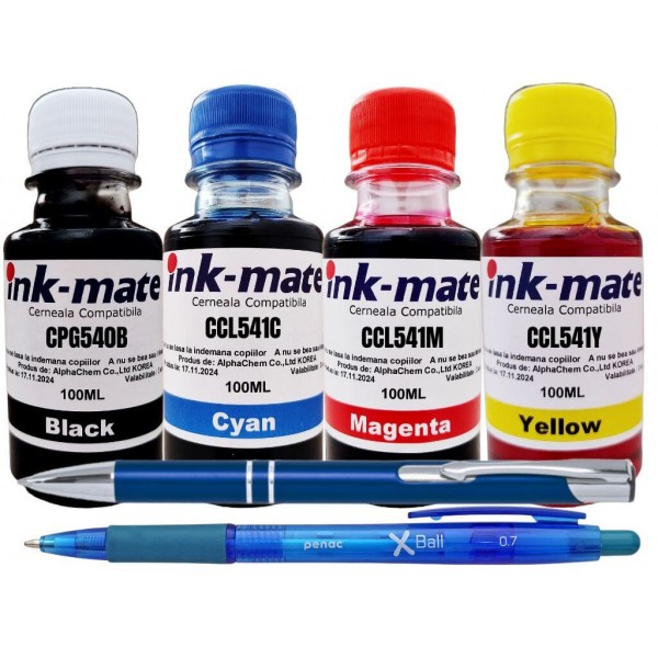 Set Flacon Refill Cerneala Ink-Mate Compatibil Canon 1x100ml PG-540 Negru, 1x100ml CL-541 Cyan, 1x100ml CL-541 Magenta, 1x100ml CL-541 Galben, Pix CNX201 si Pix Xball
