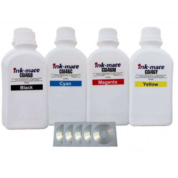 Set Flacon Cerneala Ink-Mate Compatibil Canon 2x500 GI-46BK Negru 1x500 GI-46C Cyan 1x500 GI-46M Magenta 1x500 GI-46Y Galben, 5buc Cdr Maxell cu plic