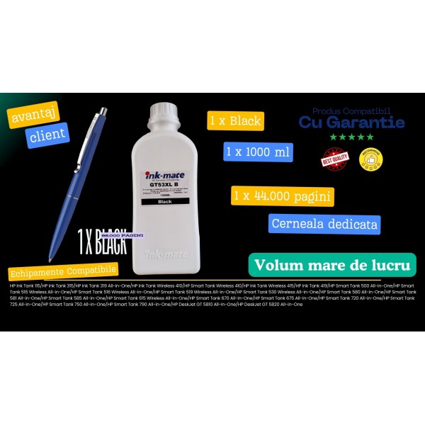 Flacon Refill Cerneala HP Negru (GT53XL) 1VV21AE 1000ml Ink-Mate si Pix Schneider
