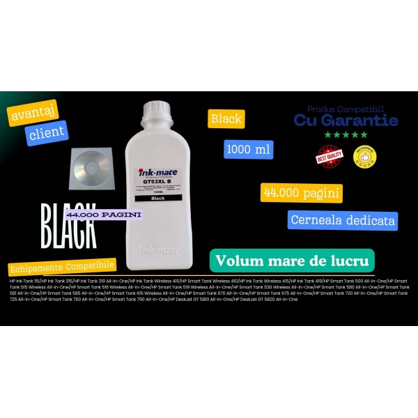 Flacon Cerneala Ink-Mate Compatibil HP (GT53XL) 1x1000ml 1VV21AE Negru , 1buc Cdr Maxell cu plic