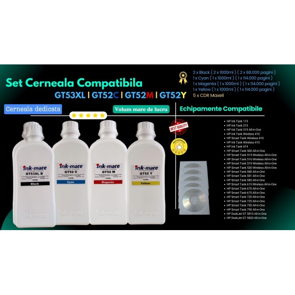 Set Flacon Cerneala Ink-Mate (GT53XL/GT52) 2x1000ml 1VV21AE Negru 1x1000ml M0H54AE Cyan 1x1000ml M0H55AE Magenta 1x1000ml M0H56AE Galben , 5buc Cdr Maxell cu plic