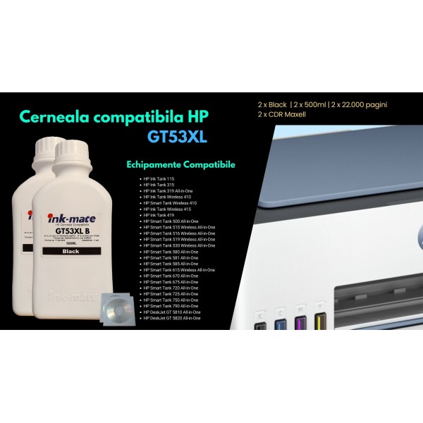 Set Flacon Cerneala Ink-Mate Compatibil HP (GT53XL) 2x500ml 1VV21AE Negru , 2buc Cdr Maxell cu plic