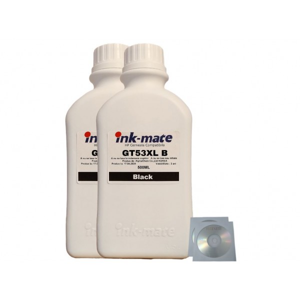 Set Flacon Cerneala Ink-Mate Compatibil HP (GT53XL) 2x500ml 1VV21AE Negru , 2buc Cdr Maxell cu plic