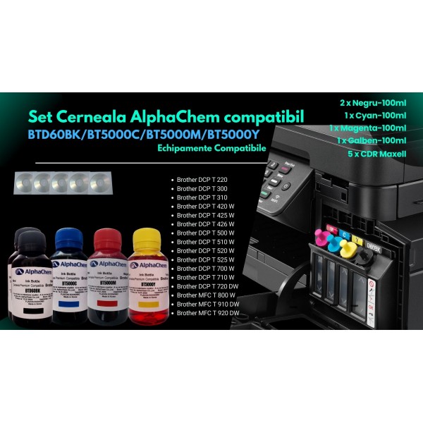 Set Flacon cerneala AlphaChem Compatibil Brother 2x100ml BTD60BK Negru, 1x100ml BT5000C Cyan, 1x100ml BT5000M Magenta, 1x100ml BT5000Y Galben, 5buc Cdr Maxell cu plic
