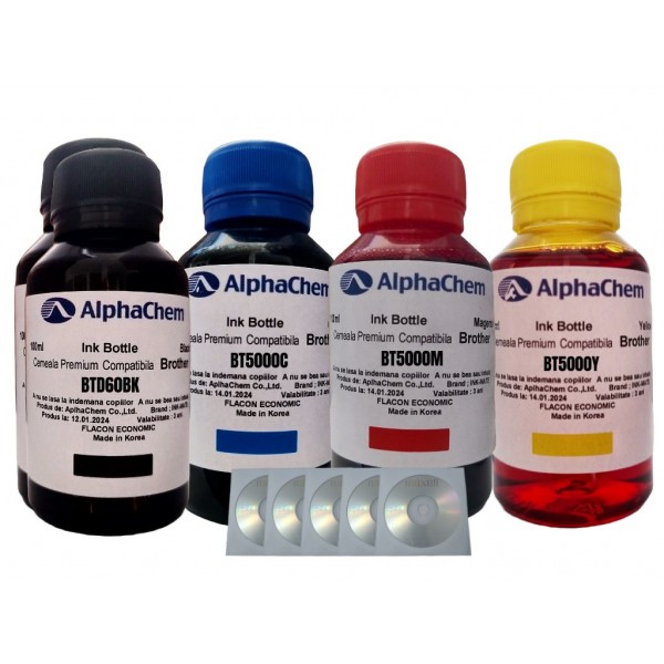 Set Flacon cerneala AlphaChem Compatibil Brother 2x100ml BTD60BK Negru, 1x100ml BT5000C Cyan, 1x100ml BT5000M Magenta, 1x100ml BT5000Y Galben, 5buc Cdr Maxell cu plic
